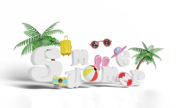 summer travel concept with lifebuoy, ball, coconut palm tree, sandals, suitcase, sunglasses, camera, hat isolated. abstract background, 3d illustration or 3d render