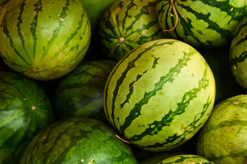 close up view of pile of freshly harvested green watermelons at market