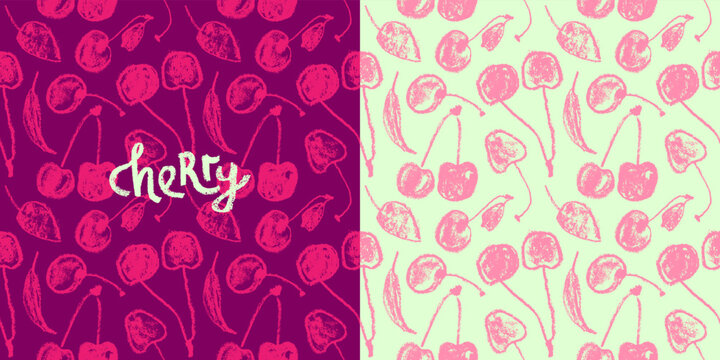 Color Cherry banner template. Black Cherries pattern seamless with fruit hand drawn pencil illustrations for vegan banner, juice, baby food packaging, jam label design. Vector Cherry background.