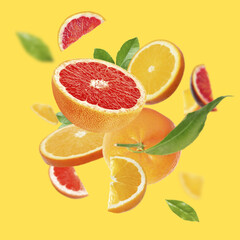 Fresh juicy citrus fruits and green leaves falling on yellow background