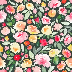 Fotobehang Seamless watercolor floral pattern in yellow, pink and orange on green. All over abstract botanical print. © Anya D