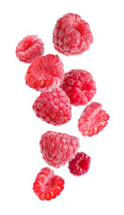 Delicious ripe raspberries flying on white background