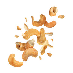 Tasty cashew nuts flying on white background