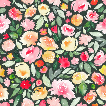 Seamless watercolor floral pattern in yellow, pink and orange on green. All over abstract botanical print.
