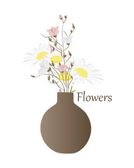 Vector illustration of a daisy and a decorative branch in a vase with the inscription flowers. Isolated on white background.