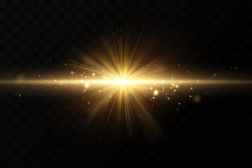 Shining golden stars . Effects, glare, lines, glitter, explosion, golden light. Vector illustration