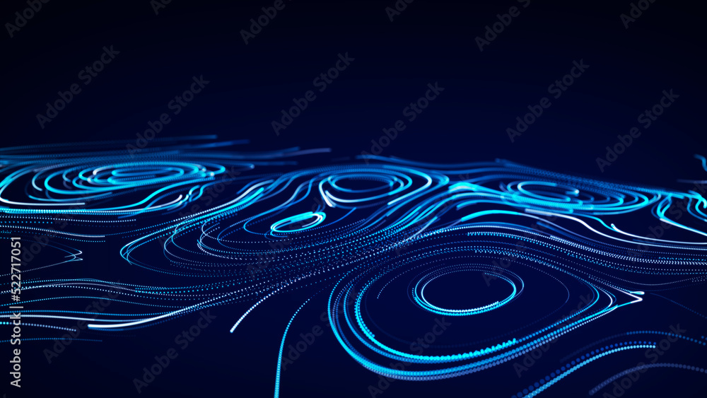 Poster flow of particles. big data visualization. digital technology wave. futuristic cyberspace. abstract 