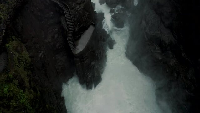 Powerful Pailon del diablo Waterfall In Ecuador At Daytime - drone shot