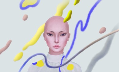 Woman and flower head. Concept idea art of surreal, mystery and love. Conceptual 3d illustration. Human and nature. Portrait painting.