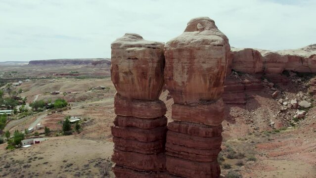 Pair of Twin Duo Rock Formations in Southwest Desert Town of Bluff, Utah - Aerial