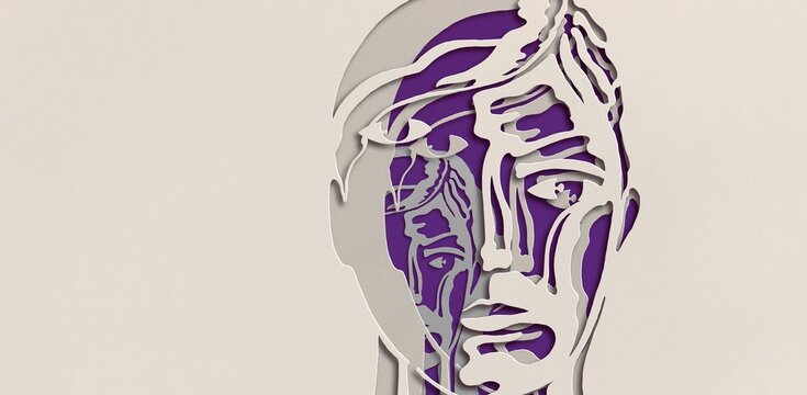 Concept idea art of psychology, mind, suffer, depression and mental health. paper cut. Abstract artwork of a man face. Conceptual illustration.
