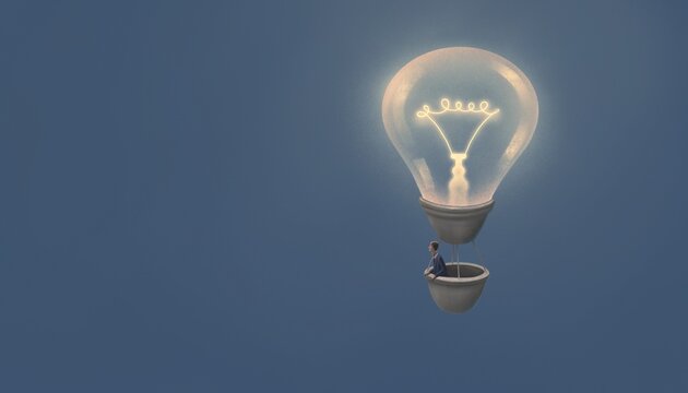 Concept idea of business, creative, and success. A businessman on a lightbulb balloon. surreal conceptual art. 3d illustration. painting artwork.
