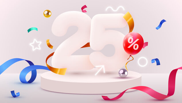 25 percent Off. Discount creative composition. 3d sale symbol with decorative objects, balloons, golden confetti, podium and gift box. Sale banner and poster.
