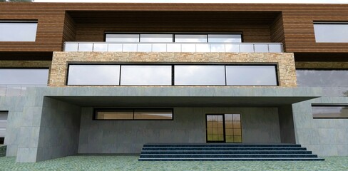 Front entrance to a modern building. Combination of exterior finishes in concrete, slate and façade board. Wide steps. Swing mirrored doors. 3d render.