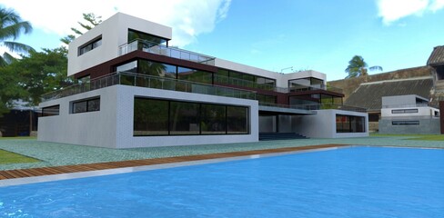 New modern country house in the old quarter of a tropical island. Swimming pool with blue water surrounded by decking. Paving stones made of natural stone. 3d render.