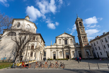 Fototapeta premium MILAN, ITALY, MARCH 5, 2022 - View of Santo Stefano Maggiore church and San Bernardino alle Ossa Sanctuary in Milan, Italy.