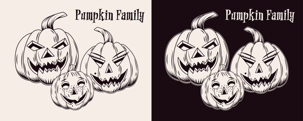 Halloween pumpkin family with glowing eyes, grinning smile, scary grimace. Stylization for human face. Traditional jack o lantern. Monochrome vector illustration isolated on a white, black background.