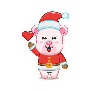 Cute polar bear wearing santa costume. Cute christmas cartoon illustration.