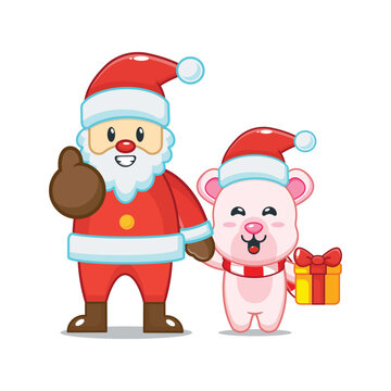 Cute polar bear with santa claus. Cute christmas cartoon illustration.