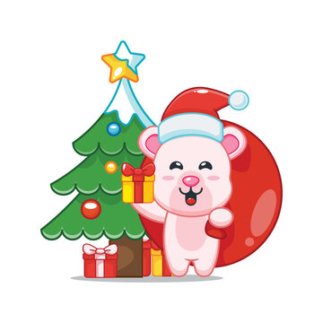 Cute christmas polar bear carrying christmas gift. Cute christmas cartoon illustration.