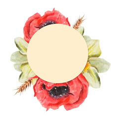 Watercolor round flower frame with red poppies, daffodils, spikelets of wheat. Stand with Ukraine bouquet. For T-shirt, poster prints, postcards, magazines, advertising, wedding stationery, packaging