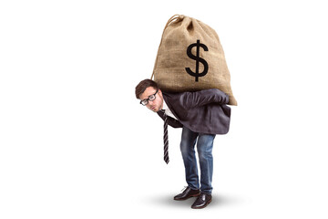 Businessman carries a huge money bag with a dollar sign on his back