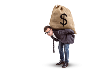Businessman carries a huge money bag with a dollar sign on his back