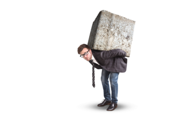 Businessman burdened by a large stone on the back