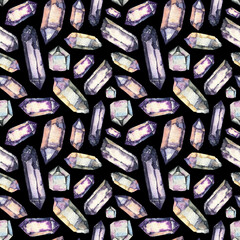 Seamless pattern with watercolor crystals. Magic mineral quartz