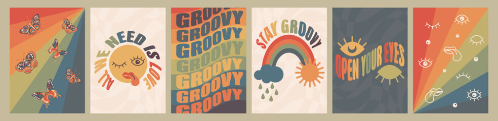 Retro set 70s 60s groovy posters, retro hippie elements. Cartoon psychedelic landscape with butterfly groovy, eyes, rainbow, sun and cloud. Vintage funky phrase all we need is love, stay groovy  - obrazy, fototapety, plakaty