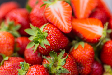 Strawberry fresh organic berries macro. Fruit background - healthy vitamin food concept