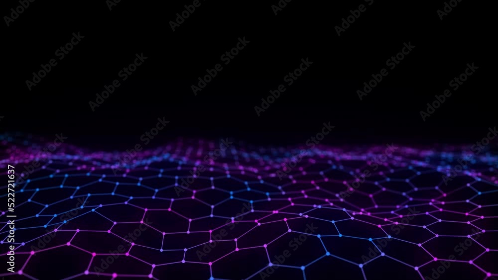 Poster digital technology hexagon wave. dark cyberspace with colored motion dots and lines. futuristic digi
