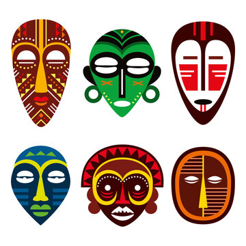 African tribal vector mask colorful design set, ritual ethnic masks collection, native decoration
