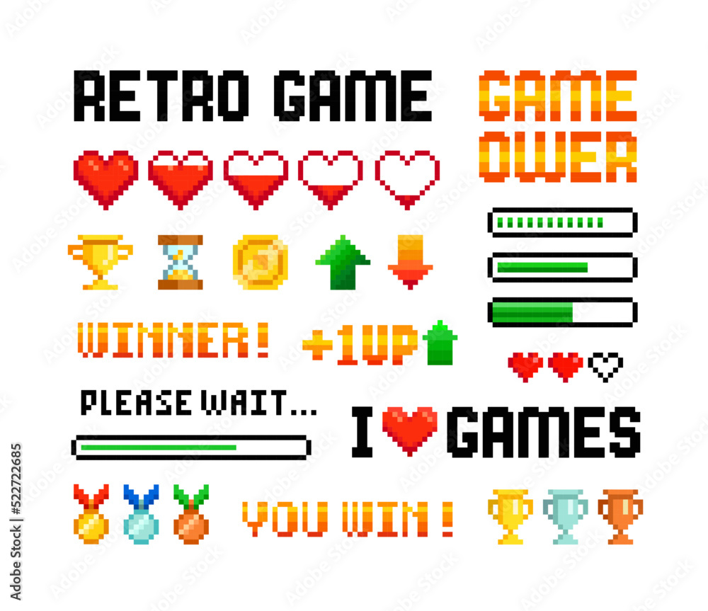 Poster vector pixel art 8-bit winner trophy cups and medals with loading bar set elements for retro game de