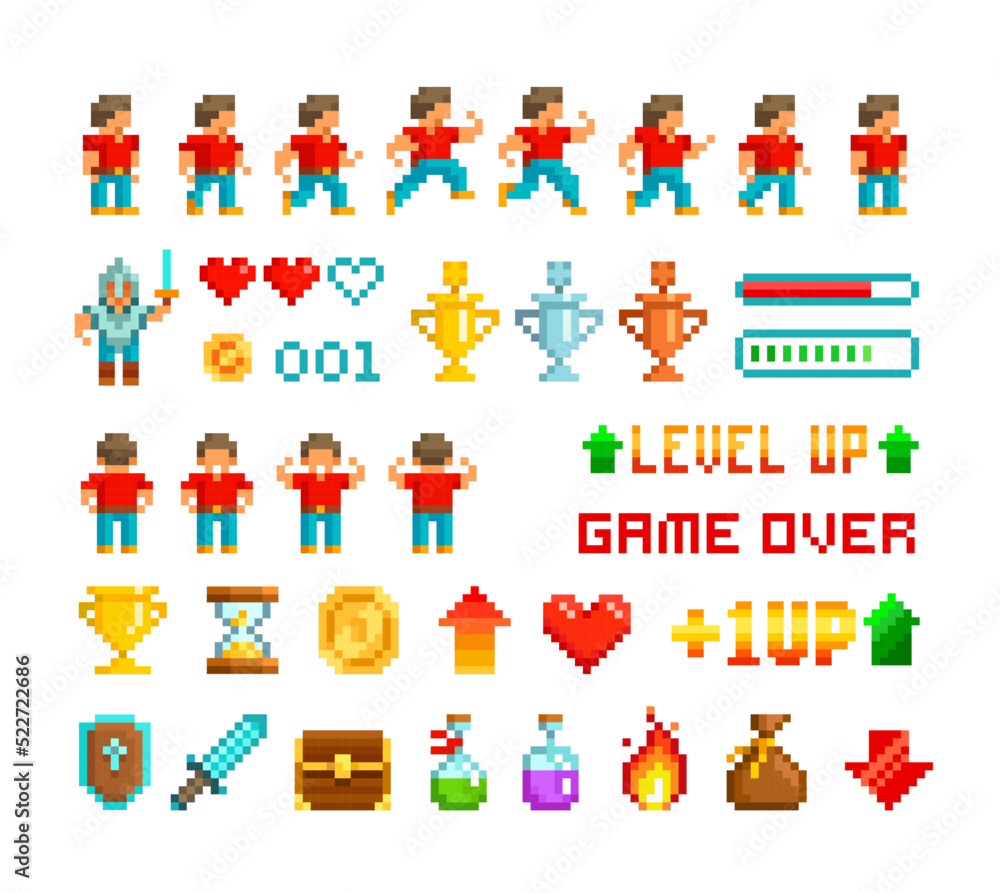  pixel art loot icons and interface elements in 8-bit retro game style. level up with character anima
