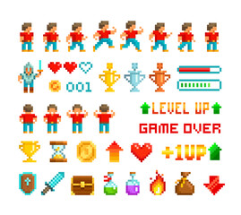 Pixel Art loot icons and interface elements in 8-bit Retro Game style. Level up with character animation game design. Retro 80s - 90s style video game design. Isolated vector template