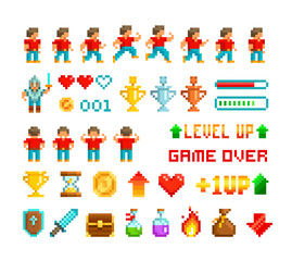 Obraz premium Pixel Art loot icons and interface elements in 8-bit Retro Game style. Level up with character animation game design. Retro 80s - 90s style video game design. Isolated vector template