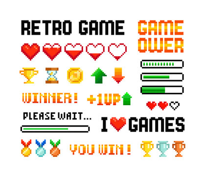 Vector Pixel Art 8-bit winner trophy cups and medals with loading bar set elements for retro game design. Level up, health loading scale, icons and signs. Retro video game elements in 80s - 90s style