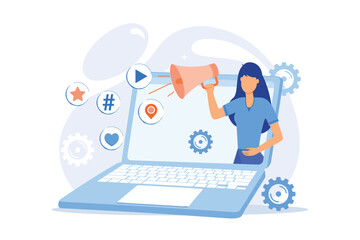 Internet marketing. Girl with loudspeaker making announcement. Advertisement, commercial, notification. Using social network to promote goods. flat design modern illustration