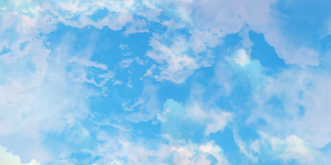 clouds in blue sky for background with watercolor techniques. abstract watercolour painting blue sky overcast above the cloud in panorama background