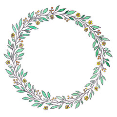 Watercolor illustration with a wreath of leaves and flowers. Botanical, natural style. Simple drawing. Background, frame for decoration, design, printing on paper, postcards, invitations. Copy space.