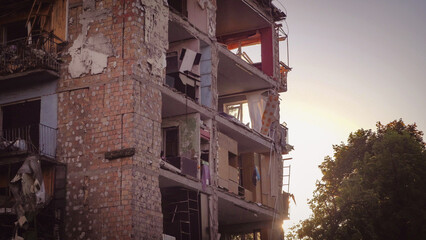 A destroyed residential building in Ukraine after the attack of the Russian army