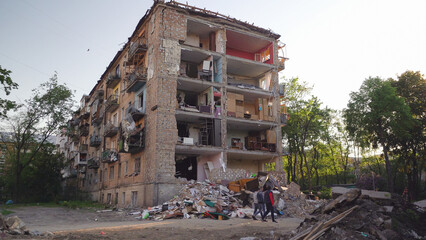 A destroyed residential building in Ukraine after the attack of the Russian army