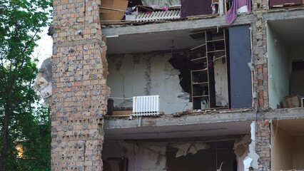 A destroyed residential building in Ukraine after the attack of the Russian army