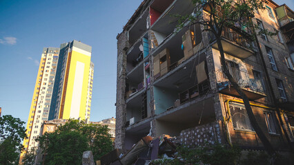 A destroyed residential building in Ukraine after the attack of the Russian army