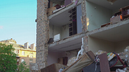 A destroyed residential building in Ukraine after the attack of the Russian army