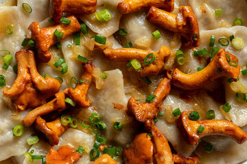 Vareniki and chanterelle mushrooms
