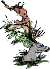 Native American Indian is hunting a deer vectors art colors