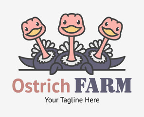 Creative funny logo with three curious ostriches. Ostrich farm sign. Camel birds illustration.