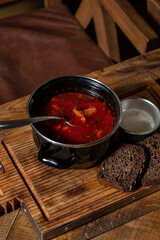Ukrainian borscht with chanterelle mushrooms